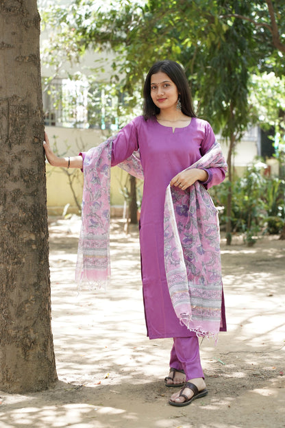 Purple Glace Cotton Straight Kurti with Pant & Kota Doriya Dupatta