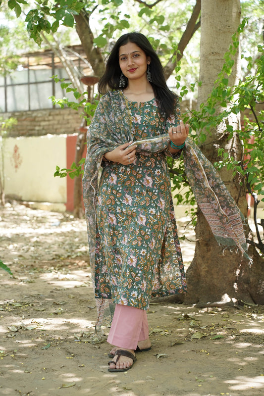 Green Floral  Handblock Print Straight Kurti with Plain Pant & Kota Doriya Dupatta