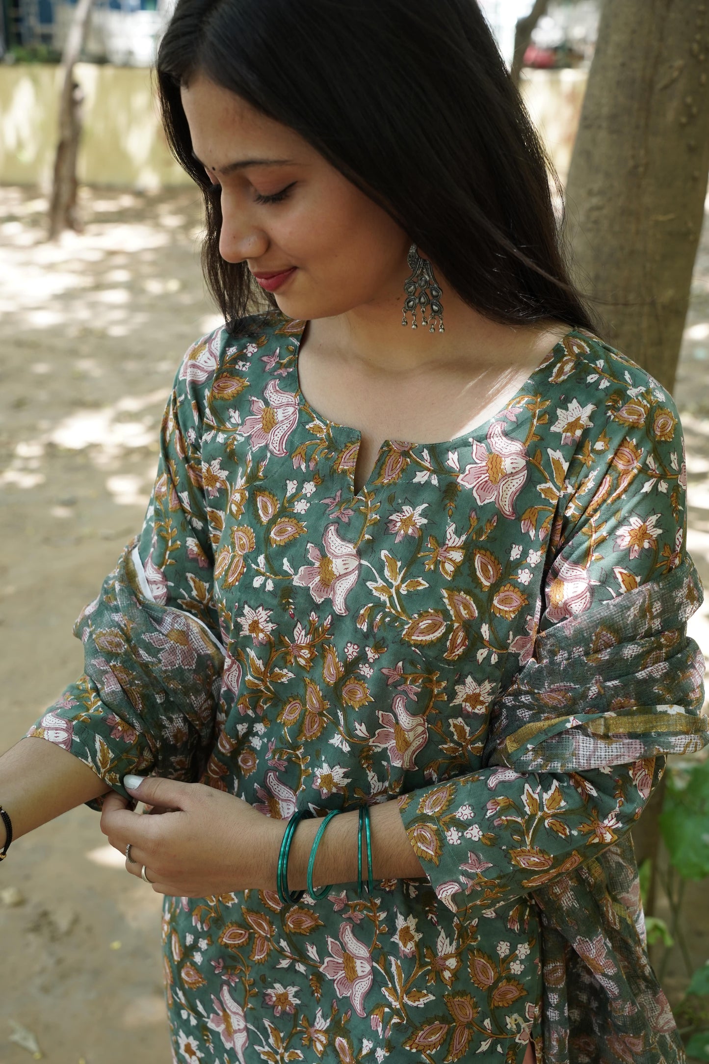 Green Floral  Handblock Print Straight Kurti with Plain Pant & Kota Doriya Dupatta