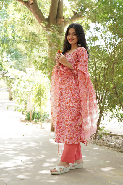 Gajari Pink Handblock Print Straight Kurti with Plain Pant & Kota Doriya Dupatta