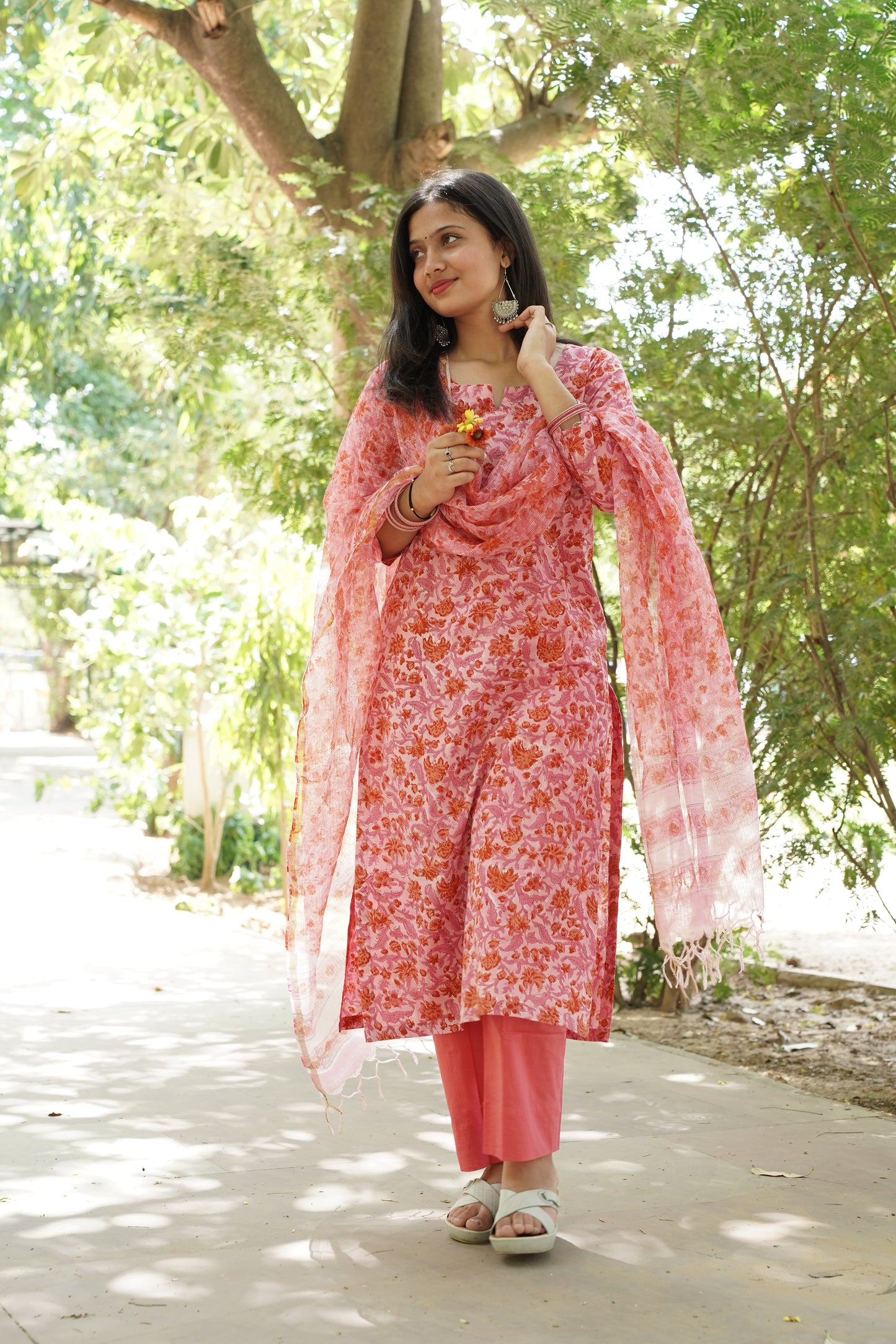 Gajari Pink Handblock Print Straight Kurti with Plain Pant & Kota Doriya Dupatta