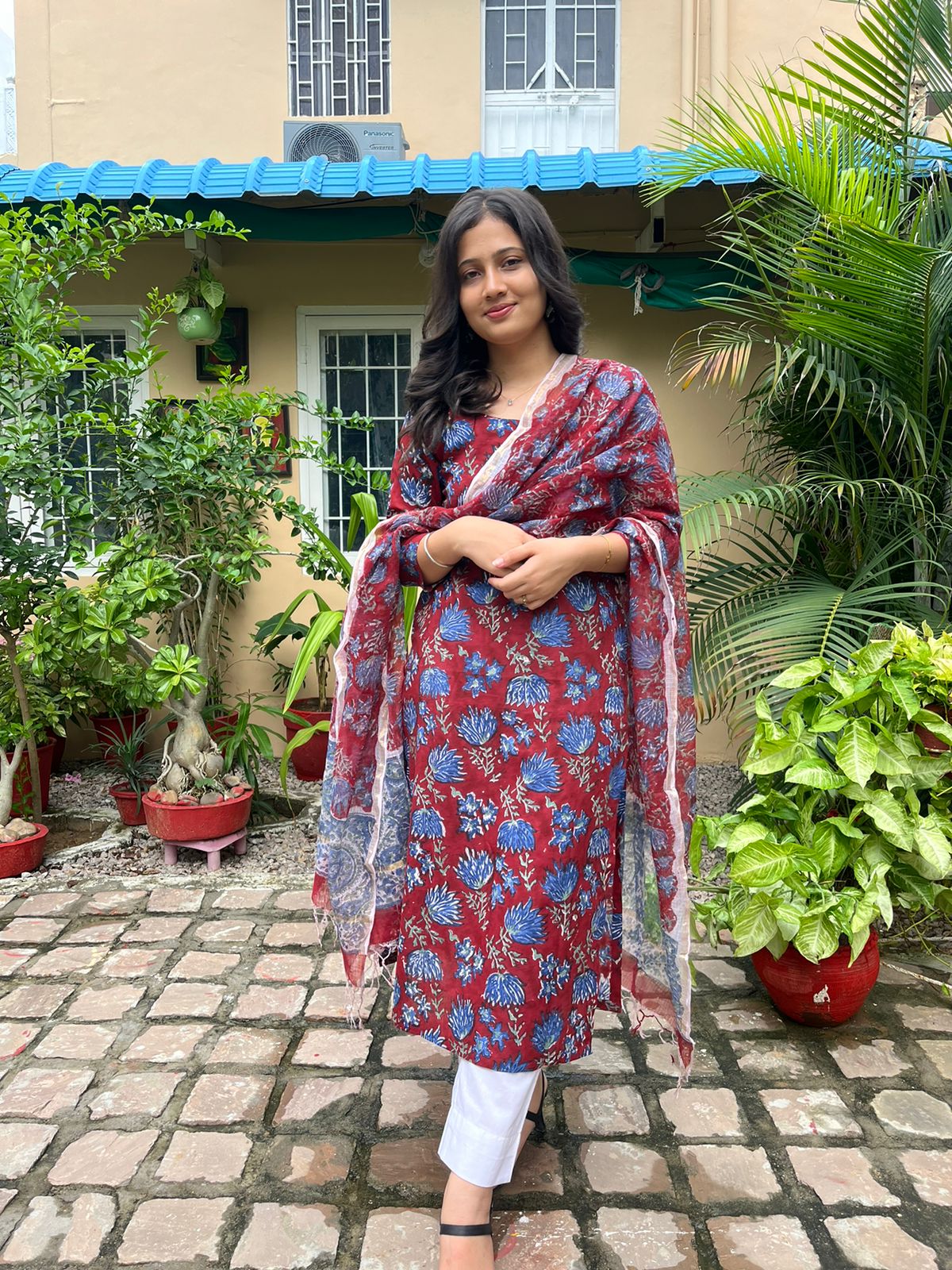 Mahroon Blue Handblock Print Alia Kurti with Plain Pant & Kota Doriya Dupatta