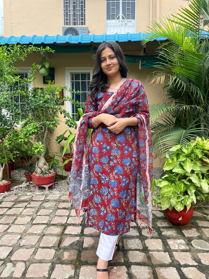 Mahroon Blue Handblock Print Alia Kurti with Plain Pant & Kota Doriya Dupatta