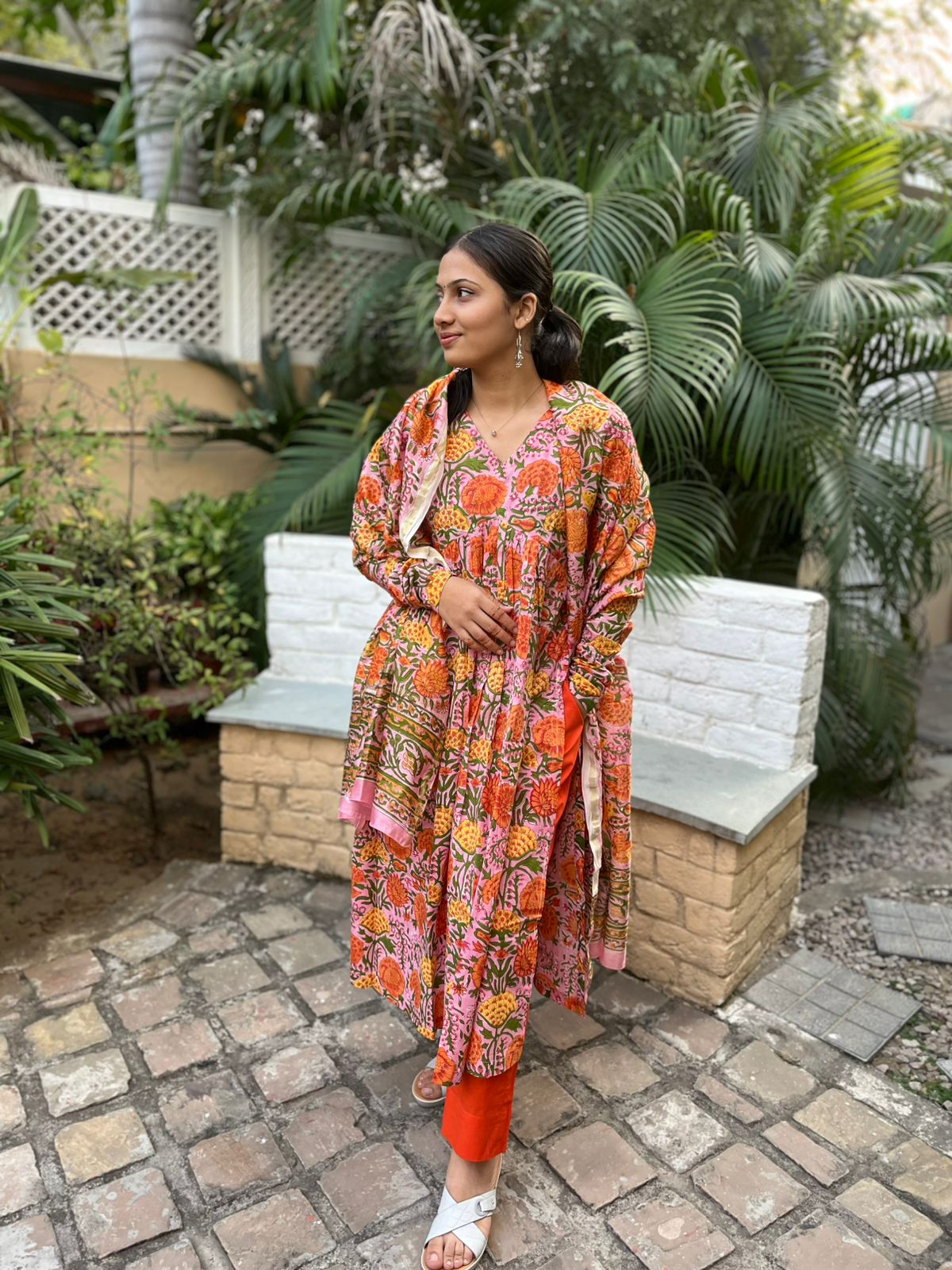 Orange Pink Handblock Print Straight Kurti with Plain Pant & Kota Doriya Dupatta