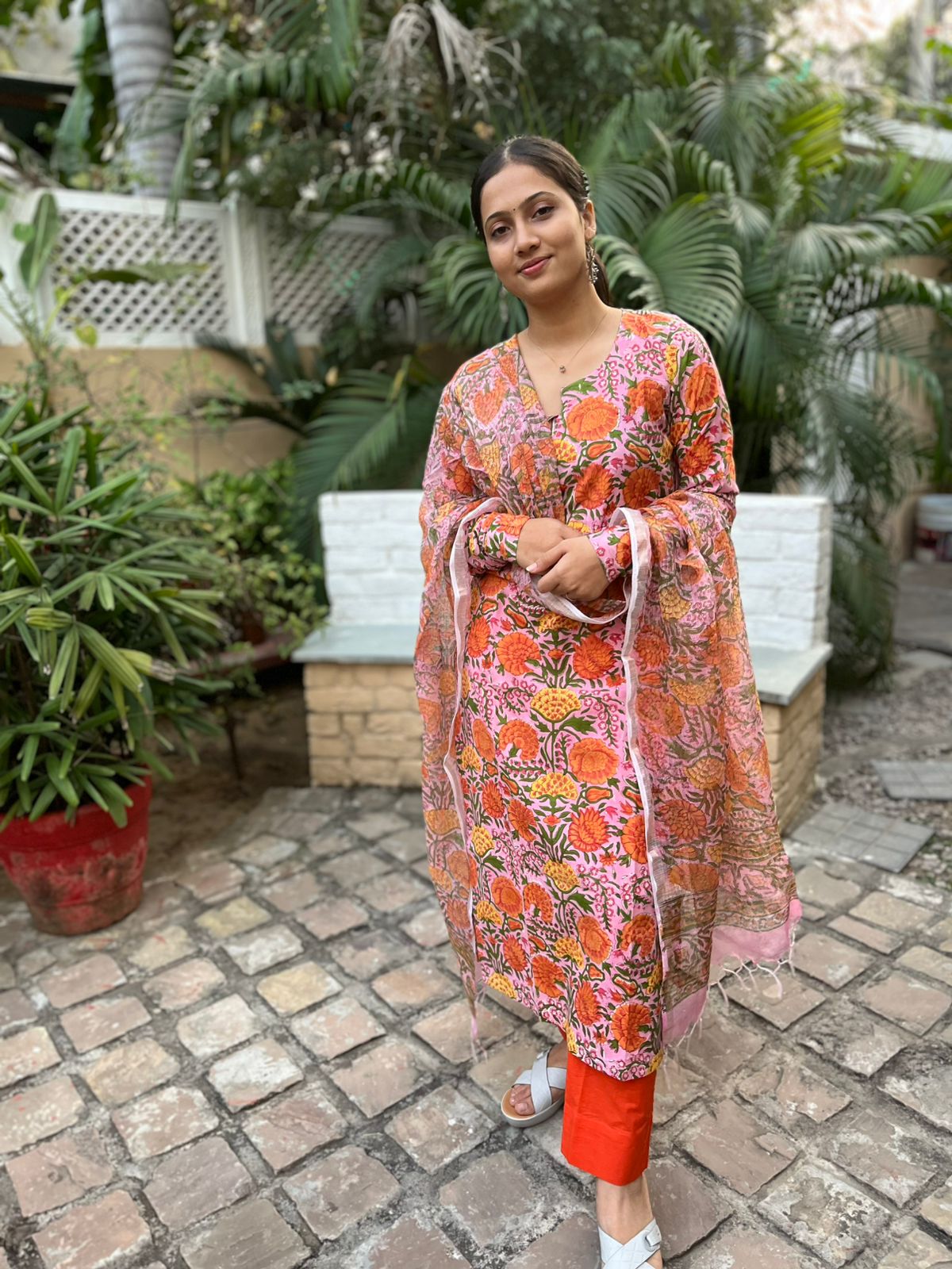 Orange Pink Handblock Print Straight Kurti with Plain Pant & Kota Doriya Dupatta