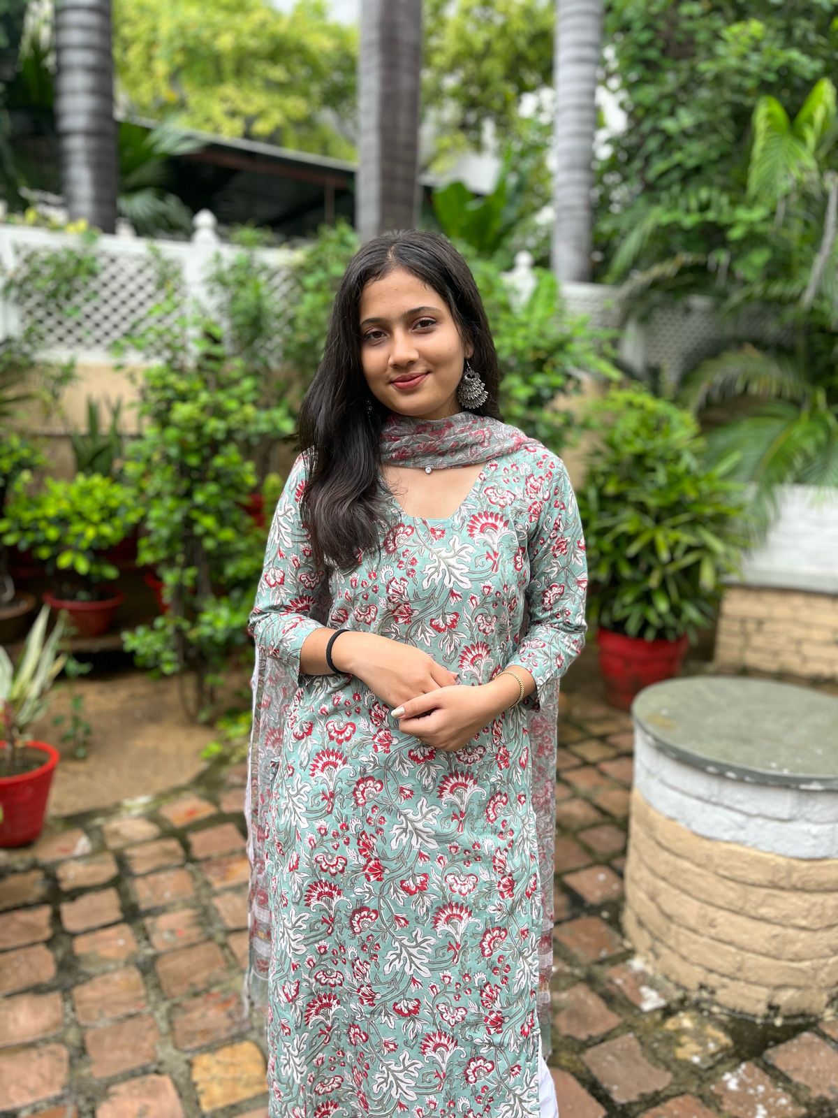 Green Red Glass Neck Handblock Print Alia Kurti with Plain Paint & Kota Doriya Dupatta