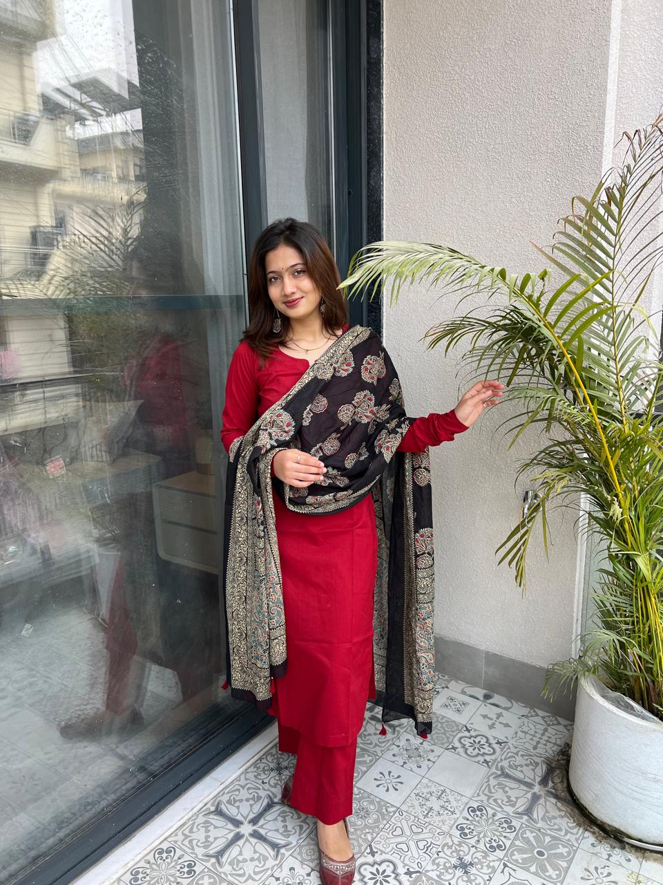 "Ruby Rose" Straight Kurta and plan Pant with Cotton dupatta