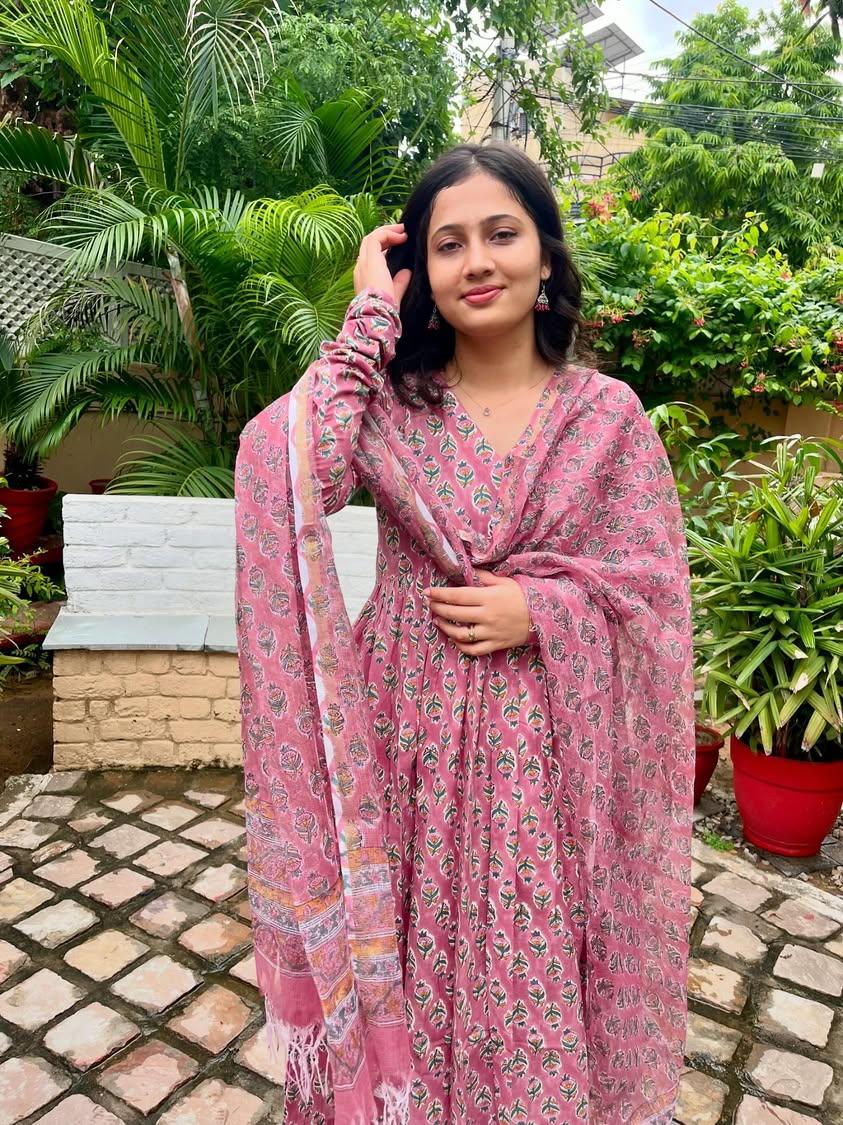 Mithai Pink Handblock Print Alia Kurti with Plain Pant & Kota Doriya Dupatta