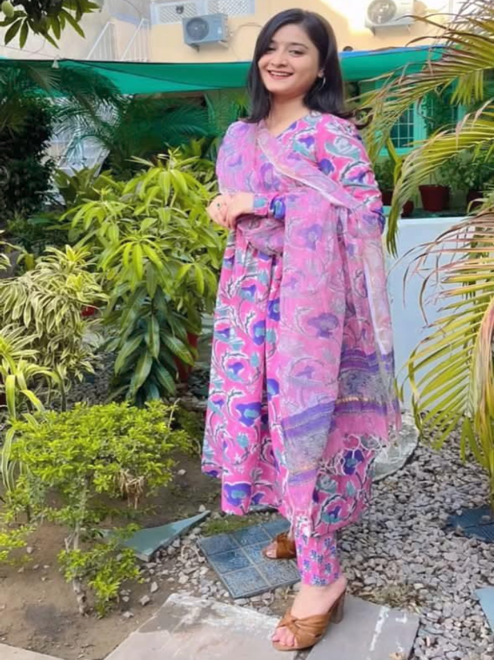 Poojal Pink Handblock Print Alia Kurti with Printed Pant & Kota Doriya Dupatta