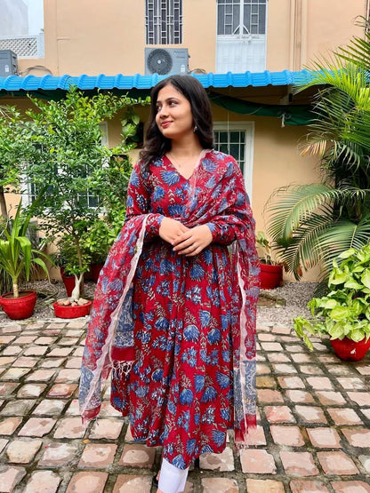 Mahroon Blue Handblock Print Alia Kurti with Plain Pant & Kota Doriya Dupatta