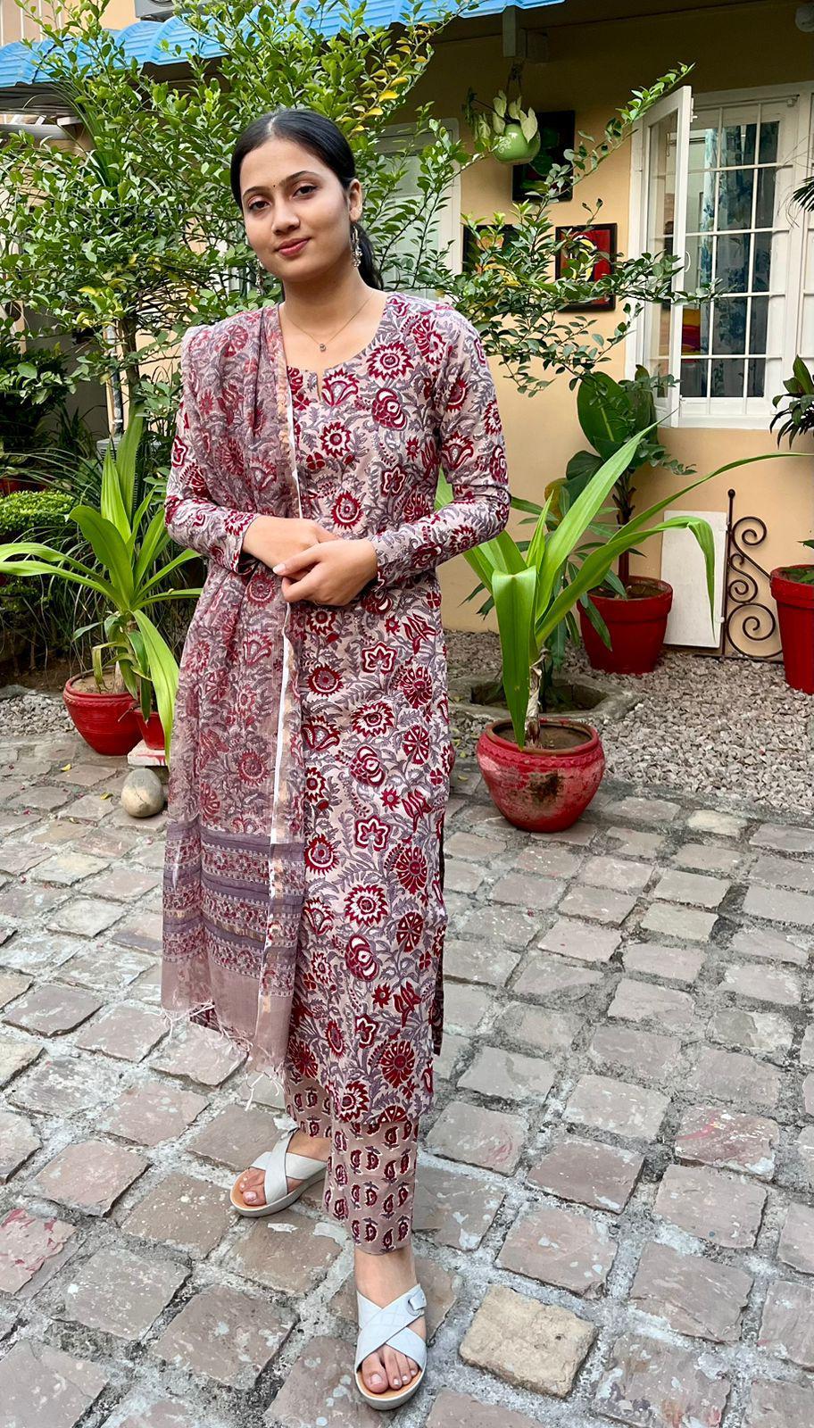 English Color Handblock Print Straight Kurti with Printed Pant & Kota Doriya Dupatta
