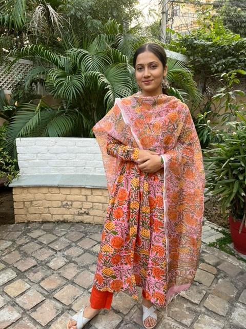 Orange Pink Handblock Print Alia Kurti with Plain Pant & Kota Doriya Dupatta
