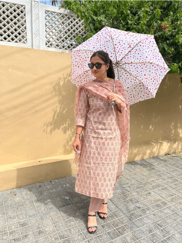 Straight fit hand Block print kurta with kotadoria dupatta and bottom