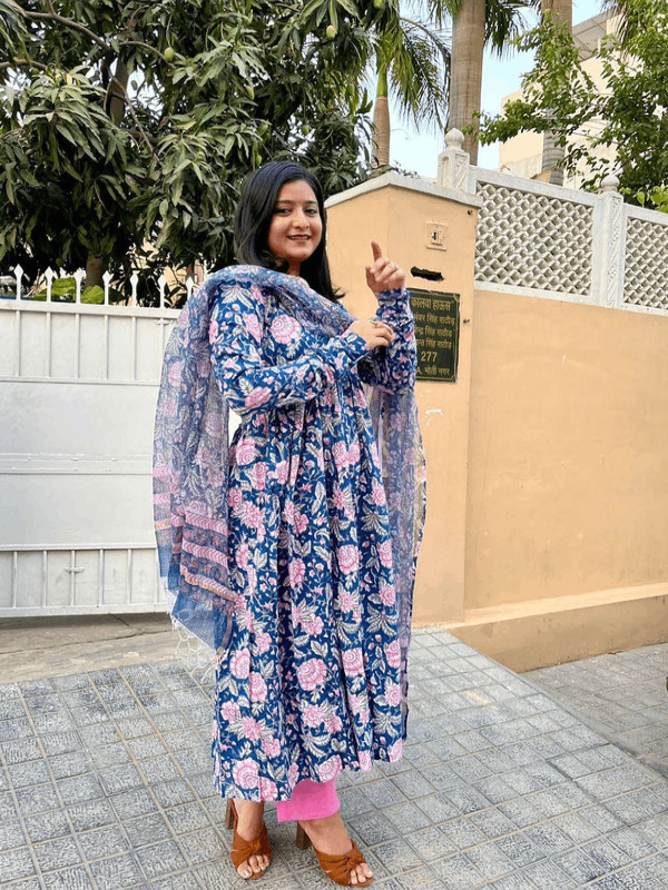 Blue Pink Handblock Print Alia Kurti with Plain Pink Paint & Kota Doriya Dupatta