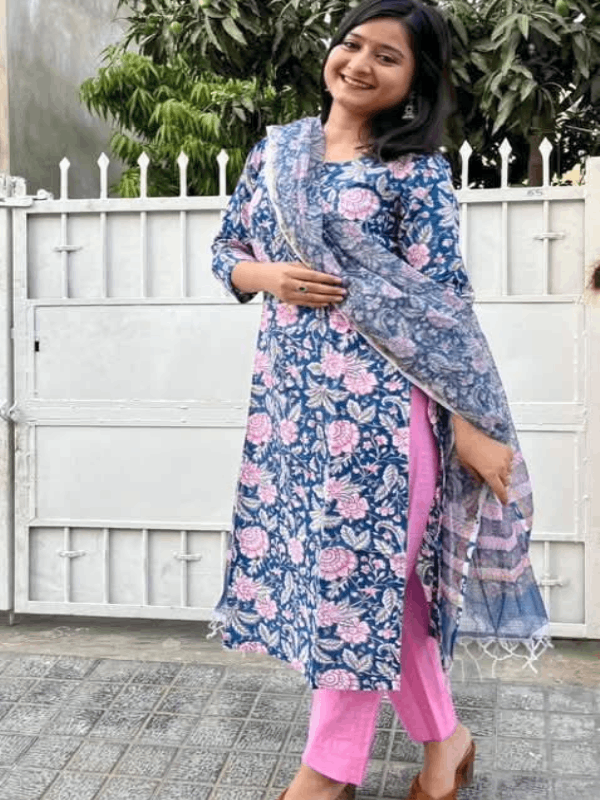 Blue Pink Handblock Print Straight Kurti with Plain Pink Paint & Kota Doriya Dupatta
