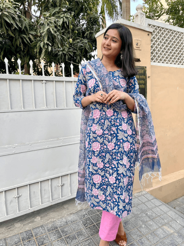 Blue Pink Handblock Print Straight Kurti with Plain Pink Paint & Kota Doriya Dupatta