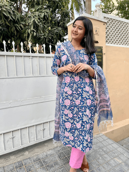 Blue Pink Handblock Print Straight Kurti with Plain Pink Paint & Kota Doriya Dupatta